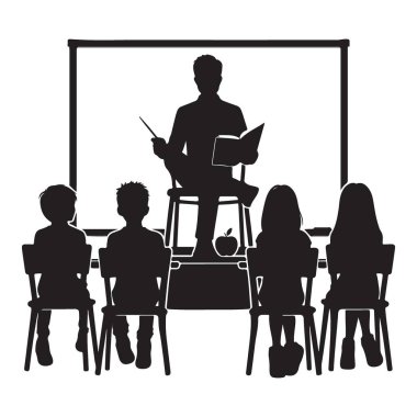 Sınıfta Öğretmen Silueti Çocuklara Vektör Tasarımı Öğretiyor