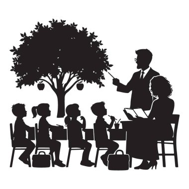 Öğretmen silueti öğrencilere elma ağacının altında ders veriyor.