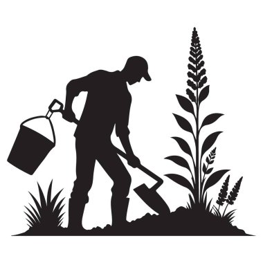 Kürek ve Bitki İllüstrasyonlu Erkek Bahçesi Silueti