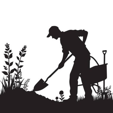 Bahçıvan Tohumu Kürek ve El Arabası Silueti ile Toprağı İşliyor