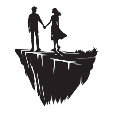 Romantik Çift Yüzen Ada Siluetinde Elele tutuşuyor