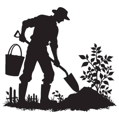 Siluet Bahçıvanı Kova Küreğiyle Vektör Ekmek İçin Toprak