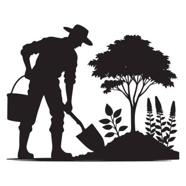 Siluet Bahçıvan Kürek Doğa Vektör Sanatı ile ağaç dikme