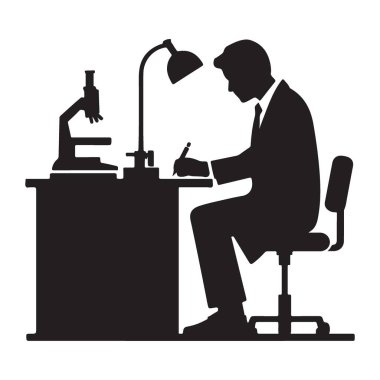 Laboratuvarda masa başında çalışan bilim adamının silüeti.