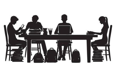 Akademik Başarı İçin Öğrenciler Birlikte Masa Silueti İllüstrasyonunda Çalışıyor