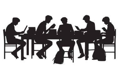 Öğrencilerin Silueti Kitaplarla Bir Masada Birlikte Çalışıyor