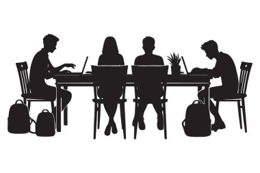 Siluet Öğrencileri Laptoplar ve sırt çantalarıyla Masada Birlikte Çalışıyor