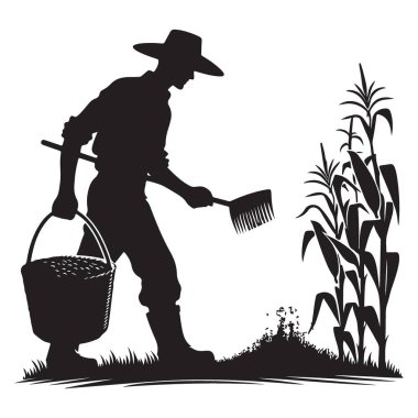 Siluet Çiftçisi Mısır Bitkilerinin Yakınına Gübre Yayıyor Çizim Vektörü