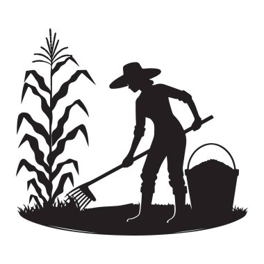 Siluet Çiftçisi Mısır Tarlası Vektör Resimlerinin yakınındaki Toprağı Tırmıklıyor