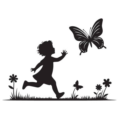 Siluet Çizimi Kız Kelebeği Yaz Sahnesi Vektöründe Kovalıyor
