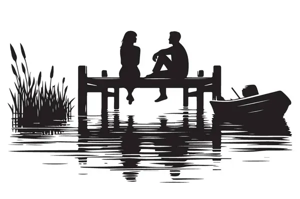 Siluet Aşıkları Rıhtımda Oturuyorlar Huzurlu Göl Vektör Tasarımı