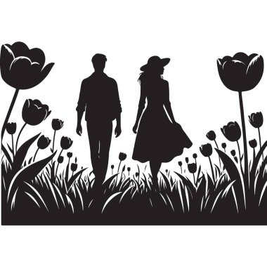 Çiçek tarlası romantizm temalı çiftlerin silueti
