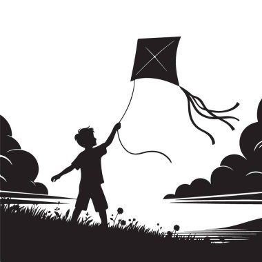 Serene Gölü yakınlarında Uçurtma Silueti Vektör Grafiği Uçan Çocuk