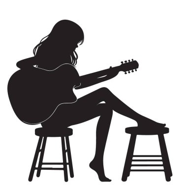 Gitar çalan Müzisyen Kadın Silueti Dışkı Performansında
