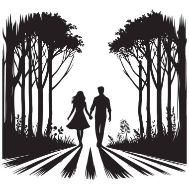 Karanlık Orman Yolu Vektör İllüzyonunda Birlikte Yürüyen Romantik Çift