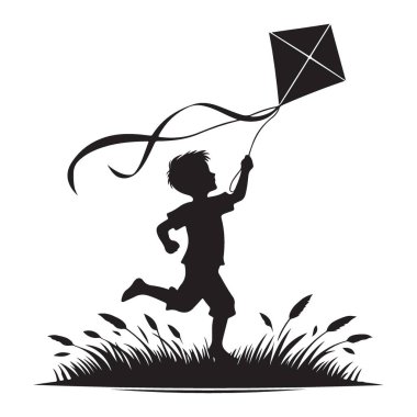Tarlada uçurtmayla koşan neşeli bir çocuk silueti.