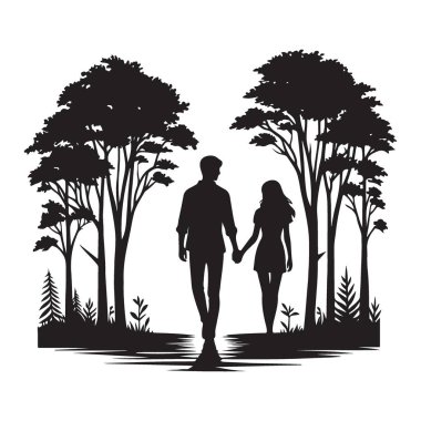 Siluet Romantik Çift Ormanda Yürüyor Vektör Çizim Tasarımı
