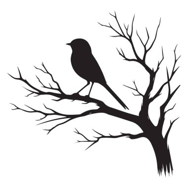 Çıplak Dallar Vektör İllüstrasyon Sanatı Üzerine Tünemiş Kuşun Silueti