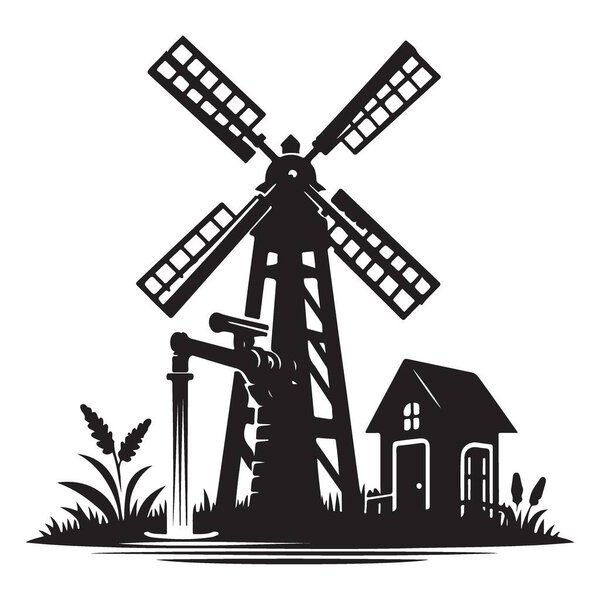 Silhouette Windmill Pumping Water Near Cottage Illustration Design
