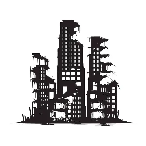 Post Apocalyptic Temalar için Mahvolmuş Şehir Manzarası Siluet Vektör İllüstrasyonu