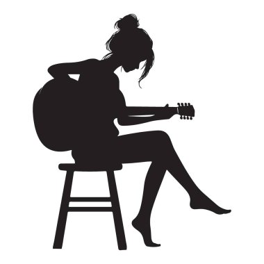 Guitar Girl Silhouette Taburede Müzik İllüstrasyonu Tasarımı Çalıyor
