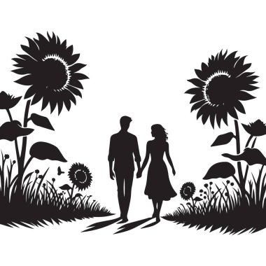 Ayçiçeği Tarlasında Yürüyen Çift Siyah Siluet Vektör Grafiği