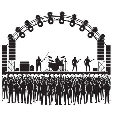 Sahne Işıklı Rock Konseri Silüeti Kalabalık Hayranları Gösteriyor