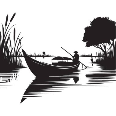 Gölün vektör çiziminde geleneksel teknedeki siluet adam