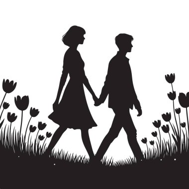 Doğada el ele tutuşan sevgi dolu bir çiftin silueti.