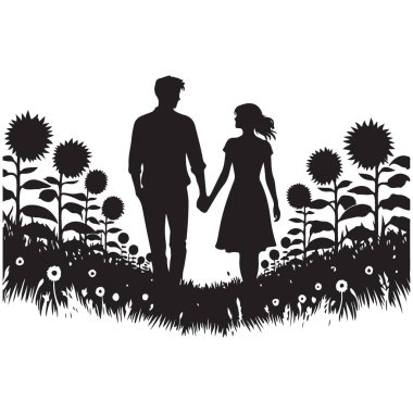 Romantik Siluet Yürüyüşü Ayçiçeği Tarlasında El ele tutuşan Çift