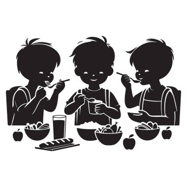 Birlikte Yemek Yiyen Çocukların Silueti Vektör Resimleme Stoku