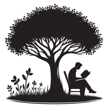 Ağaç vektörü illüstrasyonunun altında okuyan bir adamın silüeti.