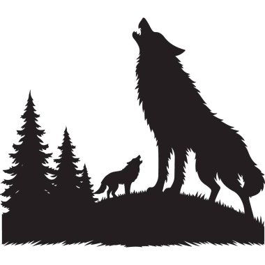 Görkemli Kurt Uluyan Ay Vektörü Silueti Resimlerinde