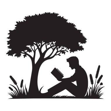 Adam Ağacın Altında Kitap Okuyor Doğada Silüet Vektörü Grafiği
