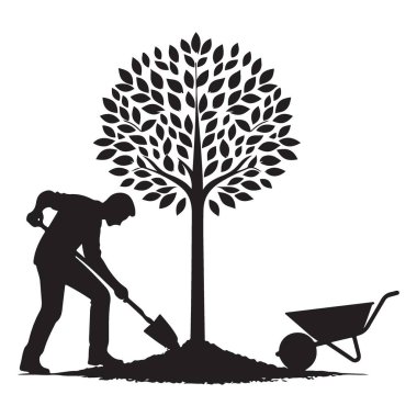 Siluet Adam Ağaç Dikme Çizimi Büyümeyi Temsil Ediyor