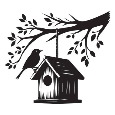Büyüleyici Kuş Evi ve Kuş Silueti Ağaç Dalları Çiziminde