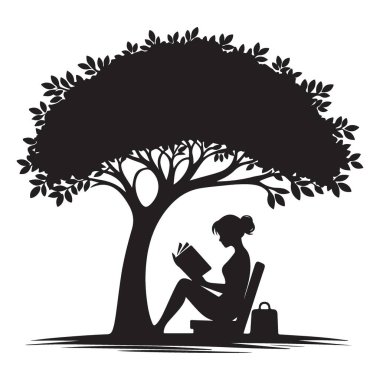 Siluet Vektör Resimlerini Okurken Ağacın Altındaki Kadın Boş Zaman