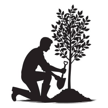 Siluet Vektör İllüstrasyon Adamı Büyümenin Ağaç Sembolü Ekiyor