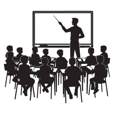 Öğretmen Siluet Sınıfı Vektör İllüstrasyonu Dersi Veriyor