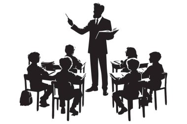 Sınıfta öğrencilerle birlikte resim öğrenen öğretmenlerin silueti