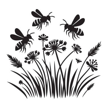 Siluet Siyah Arı ve Yaban Çiçeği Bahçesi Çizim Vektörü Tasarımı