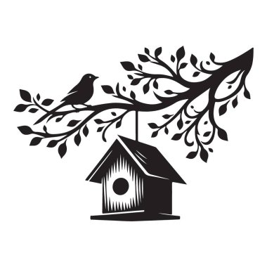 Birdhouse Vektör Doğa Sahnesi Sanatı ile Daldaki Siluet Kuşu