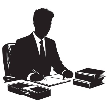 Belgeler Siluet Vektörüyle Masa 'da Çalışan Profesyonel İşadamı