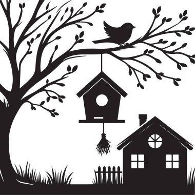 Kuş Evi ve Tünemiş Kuş Resimli Siluet Ağacı