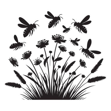 Çayırda Uçan Arılar Yaban Çiçekleri Siluet Vektör Doğa Çizimi