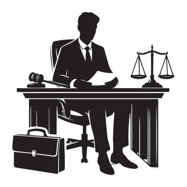 Avukat, hukuk mesleği için tokmak pulları siluetiyle masada oturuyor.