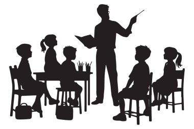 Siluet Öğretmeni Öğrencilere Eğitim İçin Sınıf Vektörü İllüstrasyonu