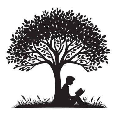 Açık havada Ağacın Altında Kitap Okuyan Çocuk 'un Silueti