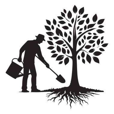 Siluet Adam Ağaç Dikiyor Kürek ve Su Kutusuyla