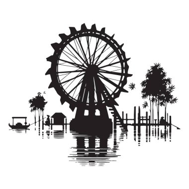 Geleneksel Su Çarkı Resimleri Siluet Manzarası Grafik Vektörü